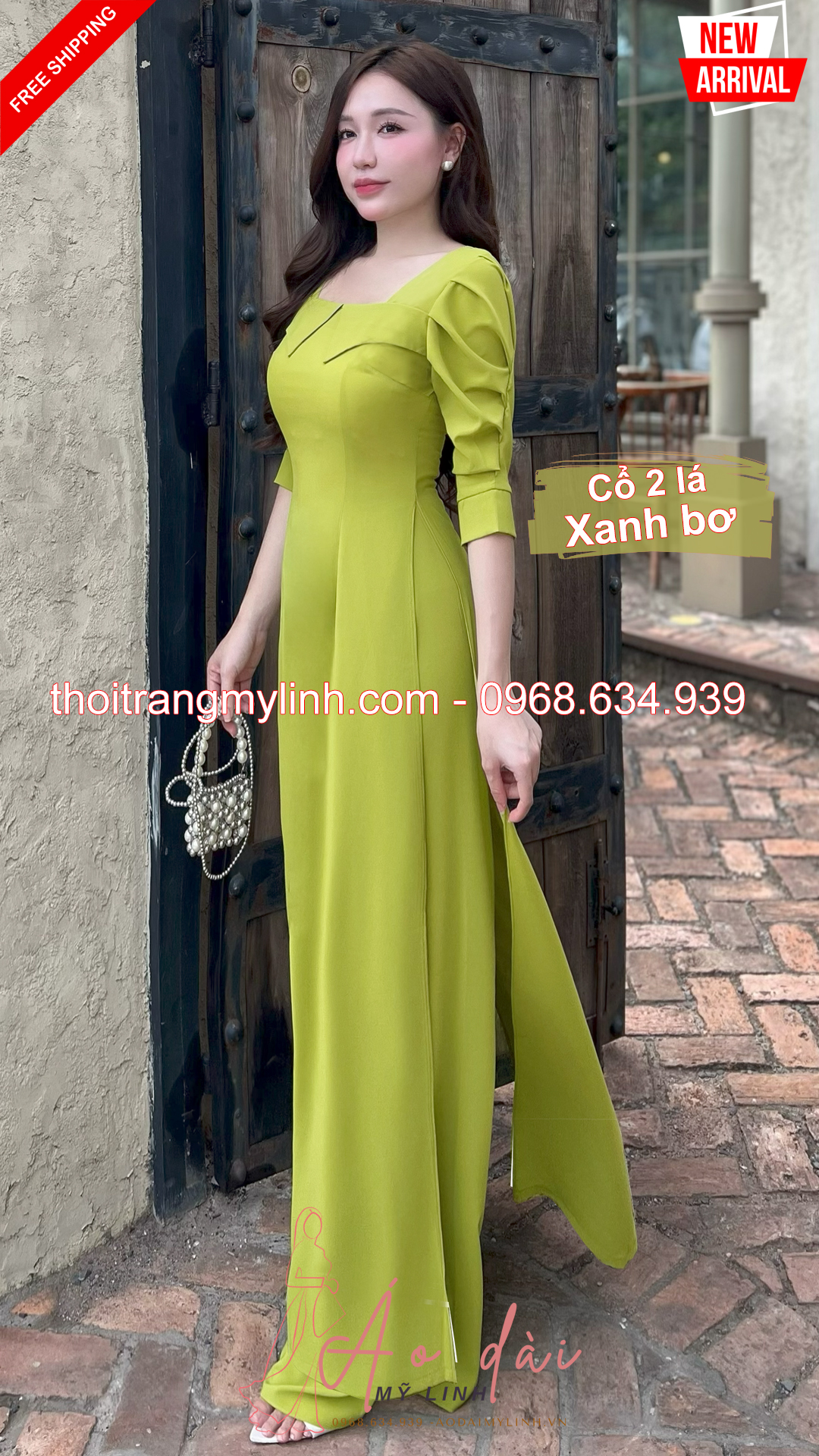 Bộ dài cổ vuông 2 lá bâu tay xếp tầng xanh bơ